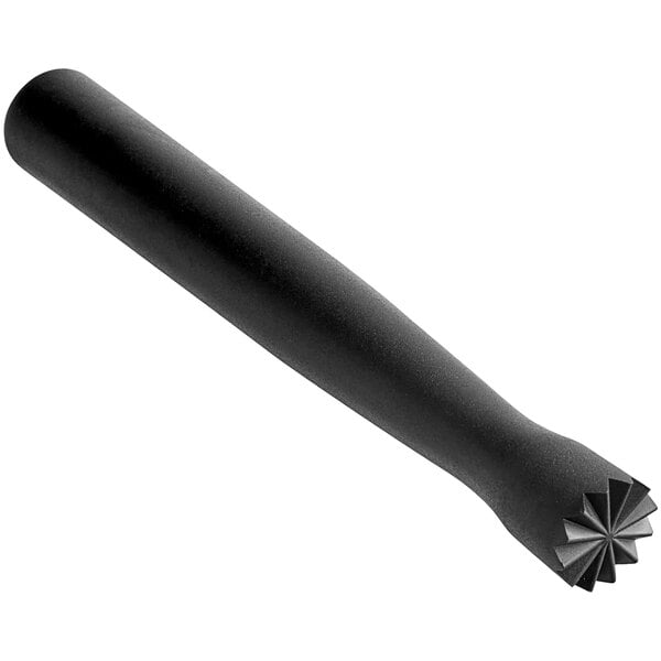 A black plastic triangle-shaped muddler with spiral design on the head.