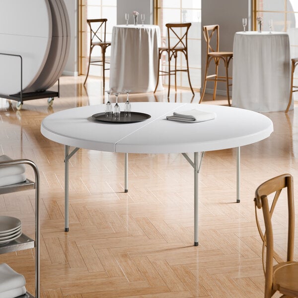 Lancaster Table & Seating 72" Round Heavy-Duty Granite White Plastic Folding Table with Gray Legs