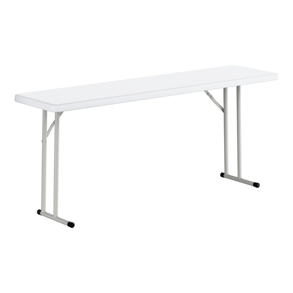 A rectangular white heavy-duty plastic folding table with gray metal legs.