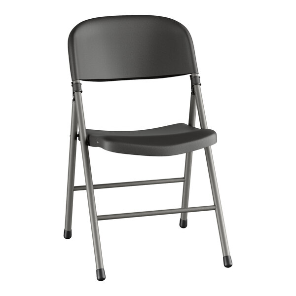 A Lancaster Table & Seating black folding chair with a metal frame.