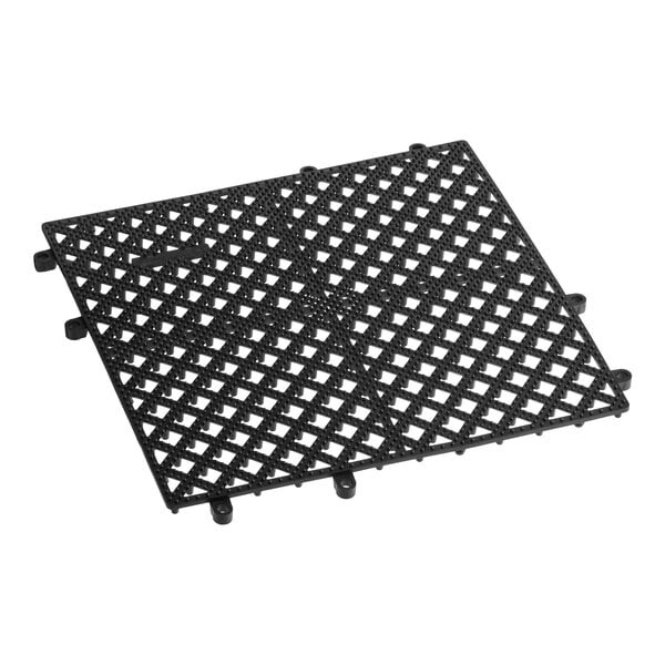 A black 12-inch by 12-inch interlocking bar mat with a grid pattern.