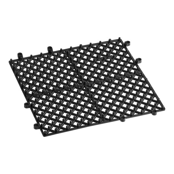 A black 12-inch by 12-inch interlocking bar mat with a grid pattern.