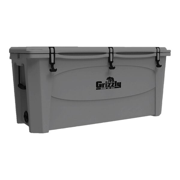 A gray Grizzly cooler with black handles.