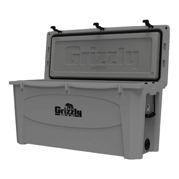 A gray Grizzly Cooler outdoor merchandiser with the lid open.