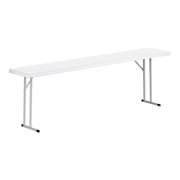 Lancaster Table & Seating 18" x 96" Granite White Heavy-Duty Blow-Molded Plastic Folding Table with Gray Legs