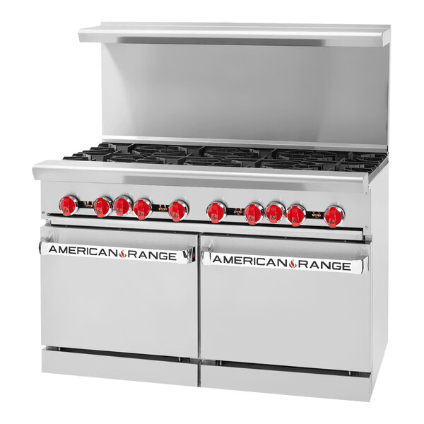 An American Range stainless steel gas range with 8 burners and 2 ovens.
