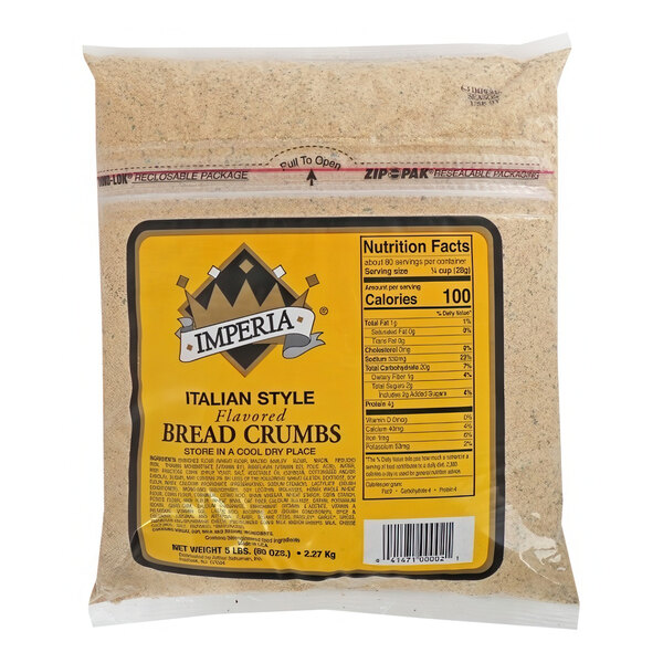 A yellow bag of Imperia Italian-Style Seasoned Bread Crumbs with black text on a white background.