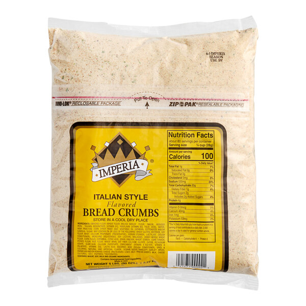 A yellow bag of Imperia Italian-Style Seasoned Bread Crumbs.
