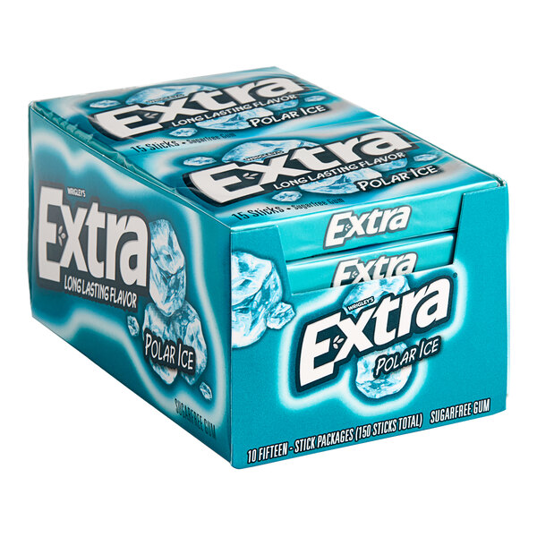 A case of 120 packs of Wrigley's EXTRA Polar Ice gum on a counter.