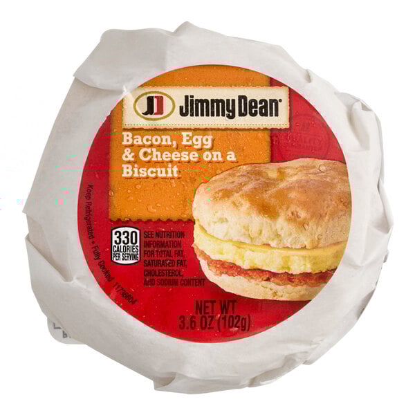 A package of 12 Jimmy Dean Bacon, Egg, and Cheese Breakfast Biscuits.