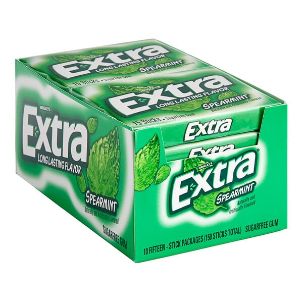 A box of Wrigley's EXTRA Spearmint gum with 10 packs inside.