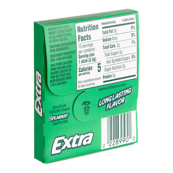 A case of Wrigley's EXTRA Spearmint Gum with green and white packaging.