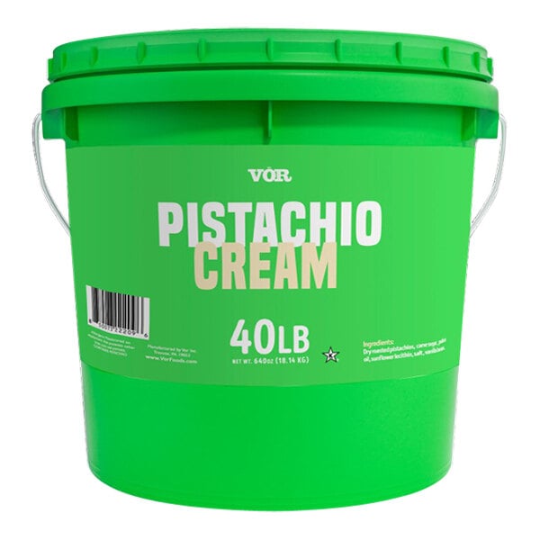 A green Vor pistachio cream pail with white text on a green and white label.