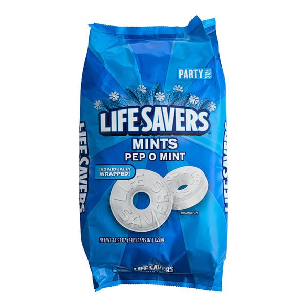 A blue and white bag of LIFE SAVERS Pep-O-Mint Hard Candy.