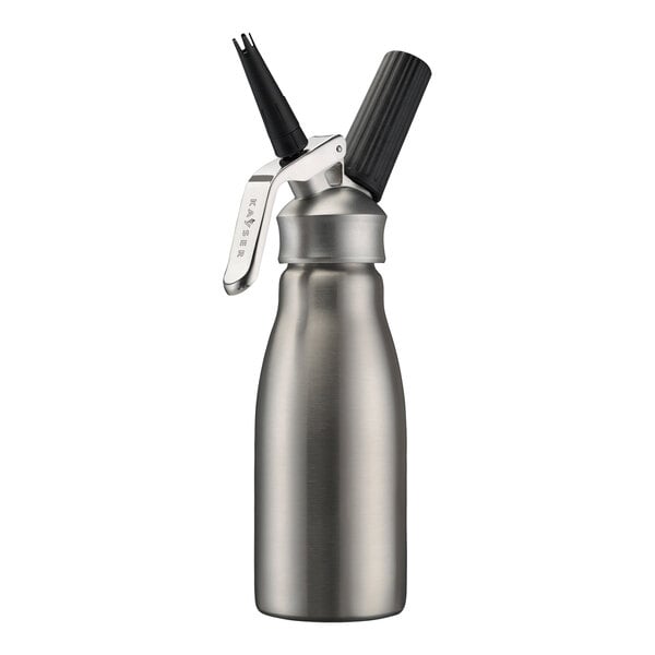 A close up of a silver stainless steel Kayser whipped cream dispenser with a metal nozzle.