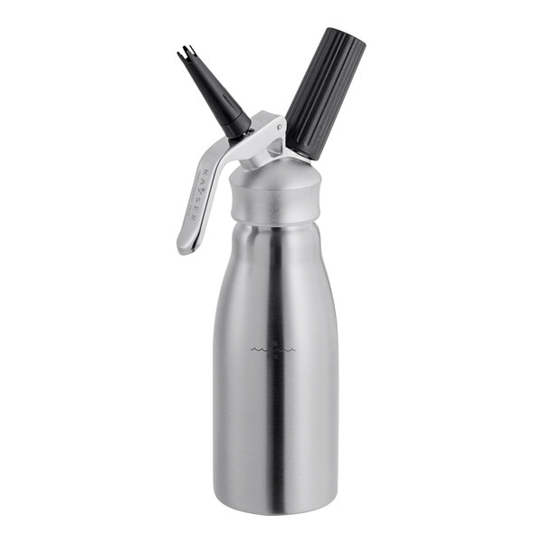 A silver metal Kayser WHIPcreamer INOX whipped cream dispenser with a black lid.