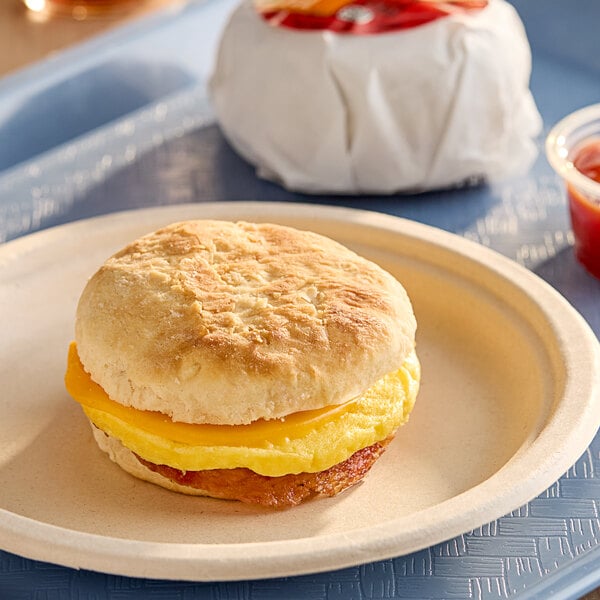 A Jimmy Dean Bacon, Egg, and Cheese breakfast sandwich on a plate.