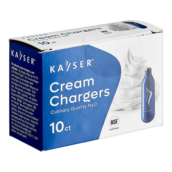 A blue and white Kayser box of 10 cream chargers.
