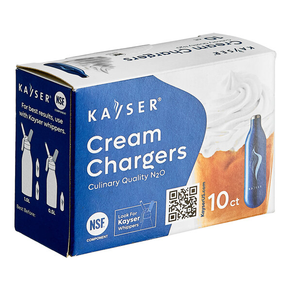 A blue and white box of Kayser cream chargers with a blue label.