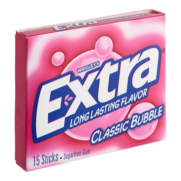 A pink box of Wrigley's EXTRA Classic Bubble Gum with white and pink logo.