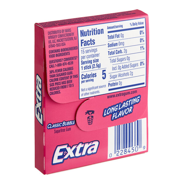 A pink and white box of Wrigley's EXTRA Classic Bubble Gum with white and blue text.