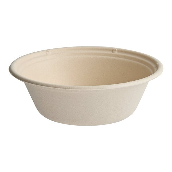 A white Tellus Products coated fiber bowl with a curved edge.