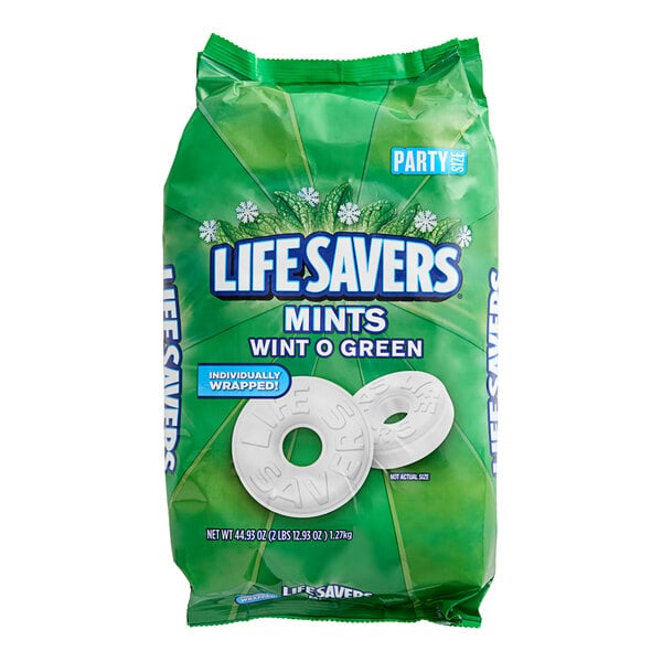 A green and white bag of LIFE SAVERS Wint-O-Green Hard Candy.