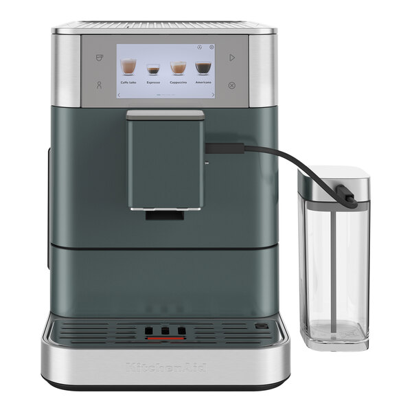 A close-up of a Kitchen Aid Juniper Espresso Machine with a black handle.