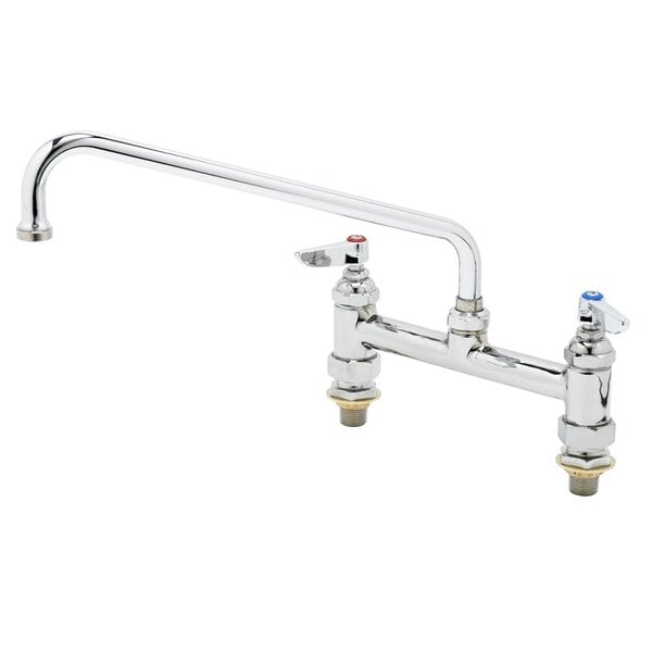 A T&S chrome deck-mounted pantry faucet with two handles and a swing nozzle.