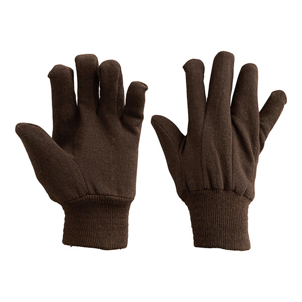 Two pairs of Lavex brown jersey gloves on a white background.