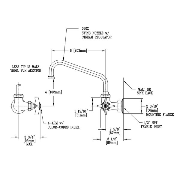 A diagram of a T&S wall mount faucet with an 8 inch swing nozzle and 4 arm handles.