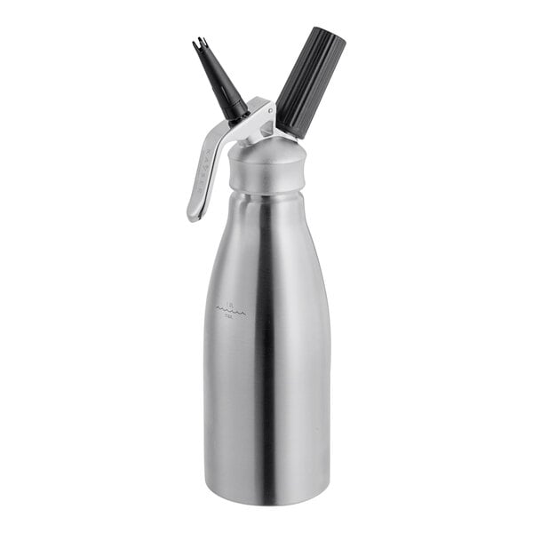 A close-up of a silver stainless steel Kayser WHIPcreamer bottle with a nozzle.