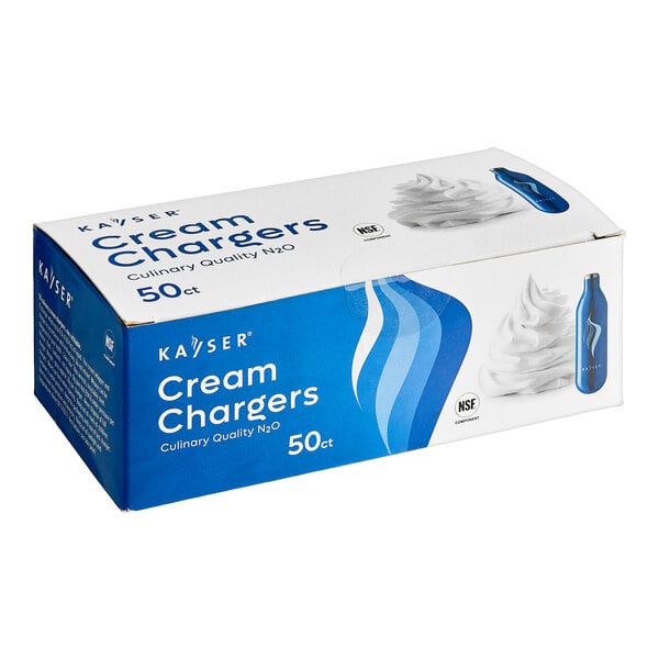 A white and blue box of 50 Kayser cream chargers.