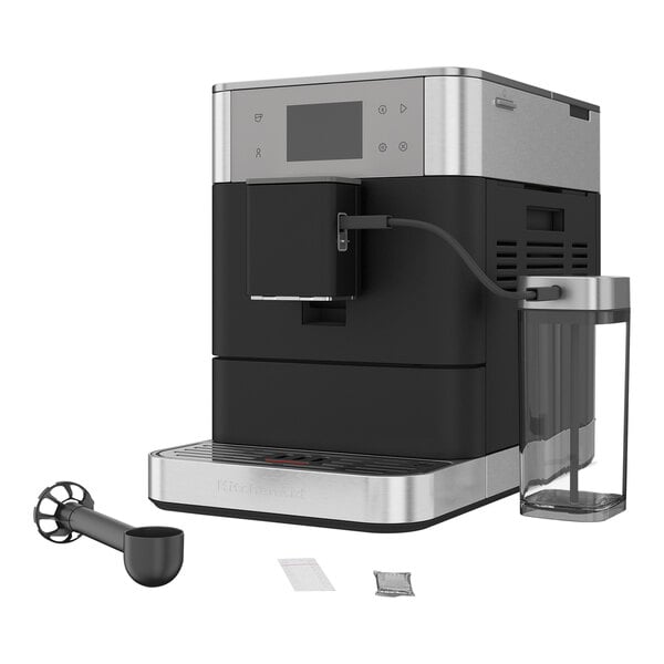 A black and silver Kitchen Aid espresso machine on a counter.