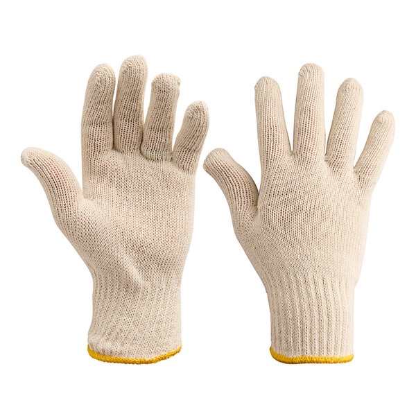 A close-up of a pair of white Lavex work gloves with yellow tips.