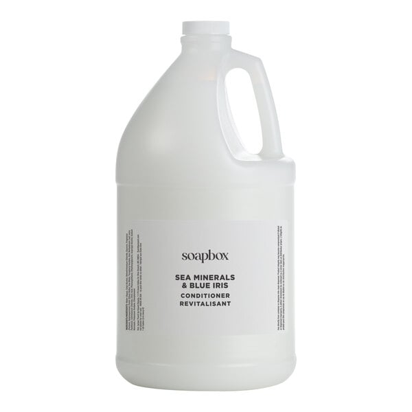 A white jug of Soapbox Sea Minerals and Blue Iris Conditioner with a white label.