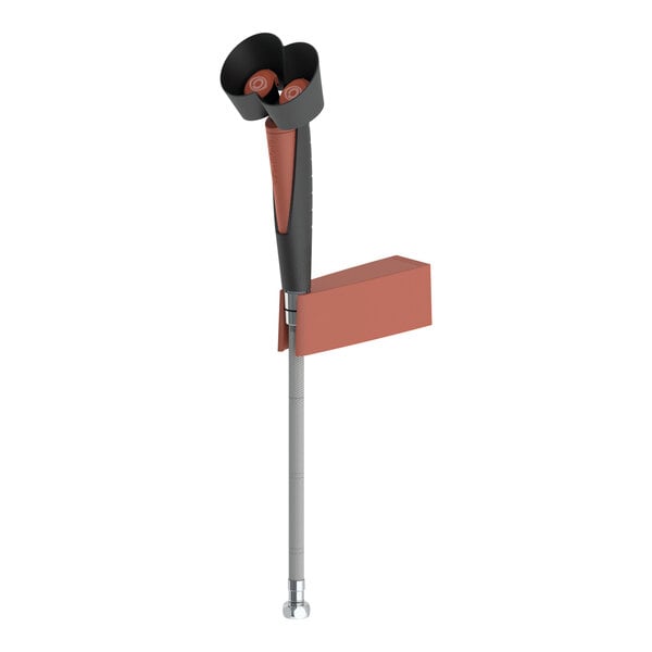 A close-up of a Hughes Wall-Mount Safety Shower tool with metal and plastic parts and a red handle.
