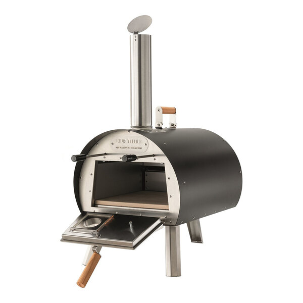 A Louis Tellier stainless steel wood-fired countertop pizza oven with a wooden handle.