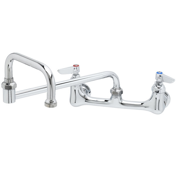 A chrome T&S wall mount faucet with two handles and a double joint nozzle.
