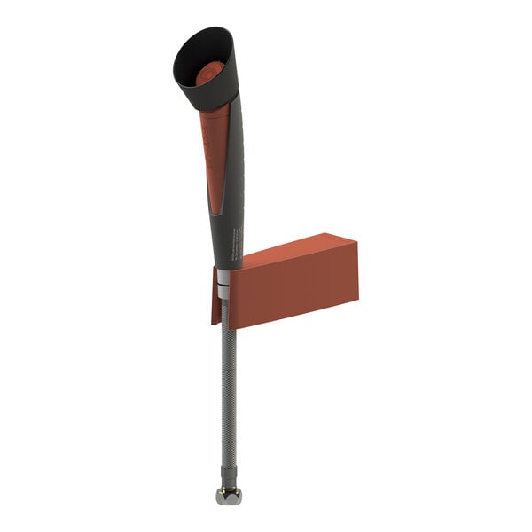 A white metal Hughes wall-mount safety shower with a black and orange handle.