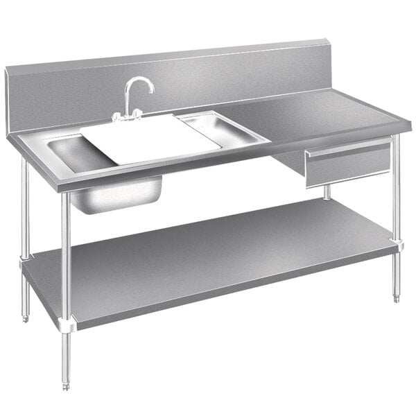 Advance Tabco Dl 30 96 Stainless Steel Prep Table With Sinks Drawer Cutting Board And Undershelf 96