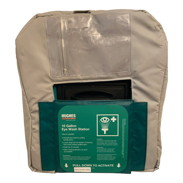 A grey bag with a green label containing a Hughes Insulated Jacket.