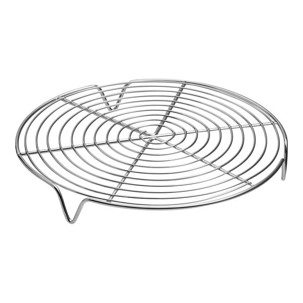 A round, footed stainless steel cooling rack.