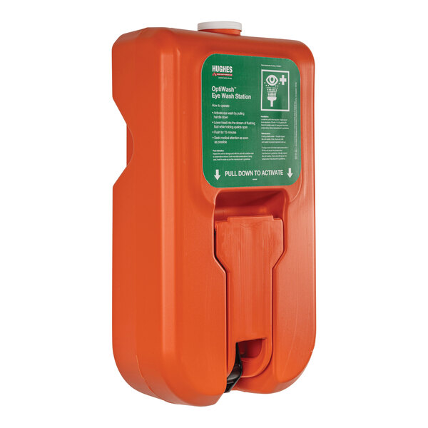 An orange Hughes OptiWash eye wash station container with a green handle.