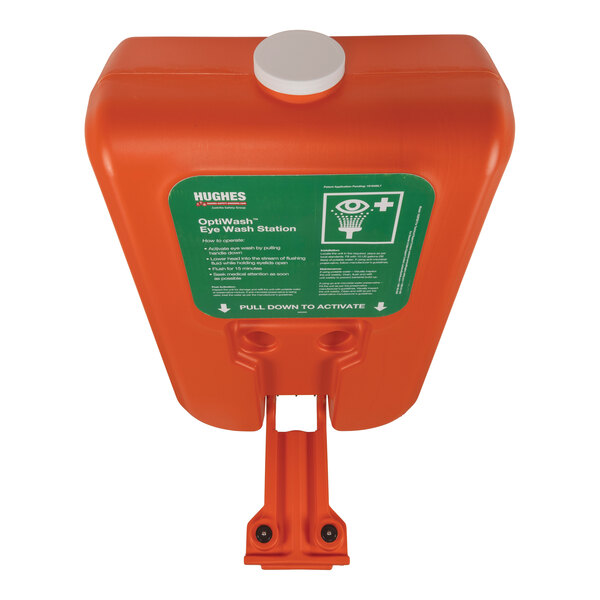 An orange plastic Hughes OptiWash eye wash station with a white cap and green label.