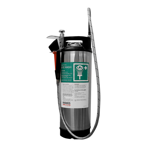 A Hughes portable pressurized eye wash unit with a hose and sprayer.