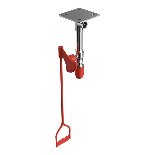 A red and silver Hughes Ceiling-Mounted Safety Shower with a red handle.