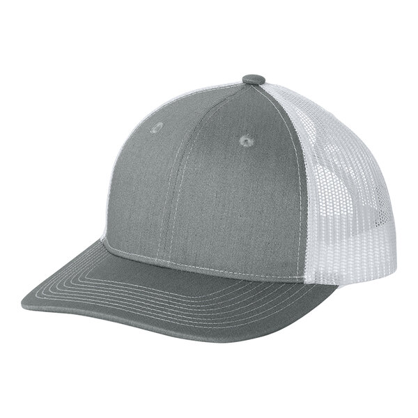 A heather gray and white Port Authority trucker cap with a ponytail opening.