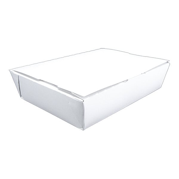 A Southern Champion white paper take-out box with a white cover.