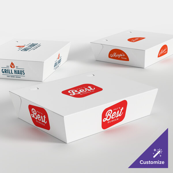 A set of customizable white microwaveable folded paper take-out containers with printed restaurant logos.